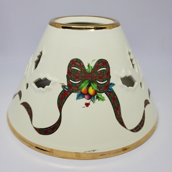 Lenox Holiday Tartan Candle Lamp & Shade, Fruit and Holly Leaves Gold Trim Vtg. - Picture 7 of 14